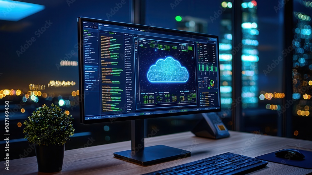 Cloud Platform Dashboard with Data Charts and Analytics on Monitor with Copy Space for Text Cloud Platform Dashboard with Data Charts and Analytics on Monitor with Copy Space for Text