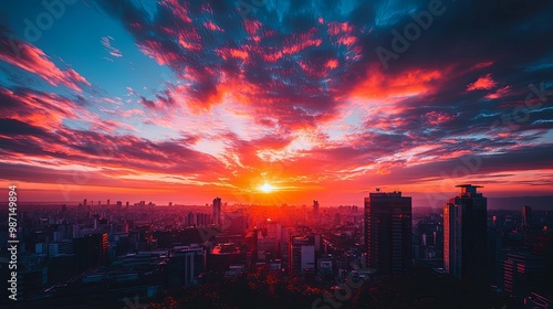 Fiery Sunset Over a City Skyline