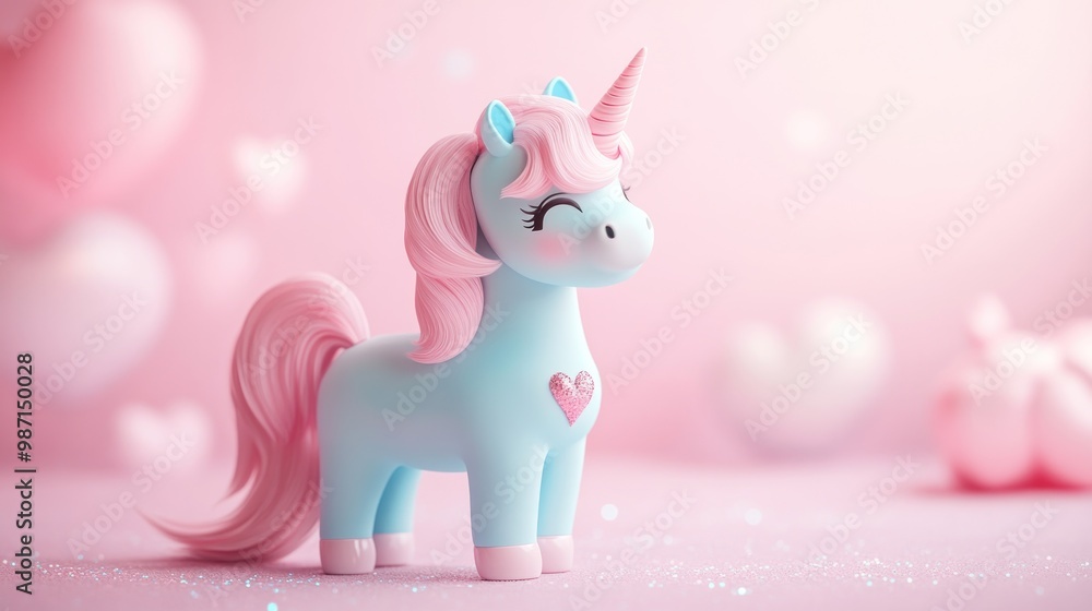 Fototapeta premium Cute Blue Unicorn with Pink Mane and Tail