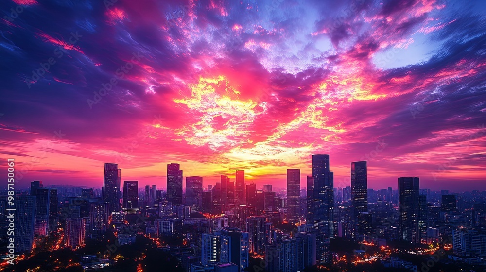 Fototapeta premium Cityscape Silhouettes Under a Vibrant Sunset Sky