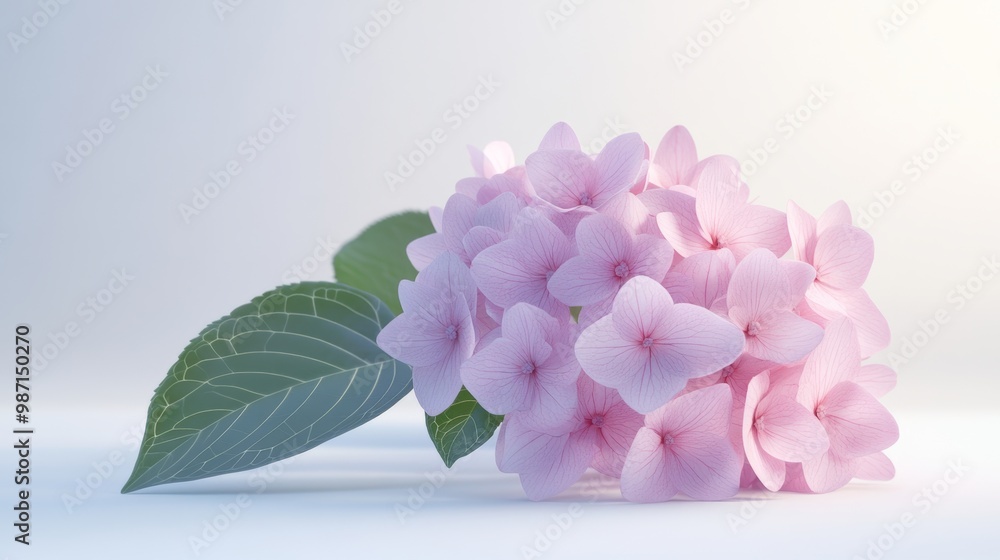 Fototapeta premium A realistic 3D rendering of a blooming hydrangea, its petals soft and vibrant, against a white surface