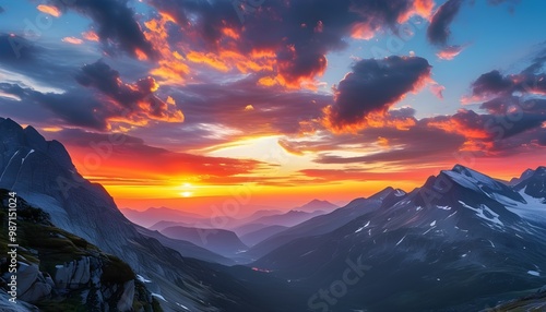 Majestic mountain landscape at sunset showcasing a dramatic sky and vibrant colors, embodying the serene beauty of nature in a picturesque scene.