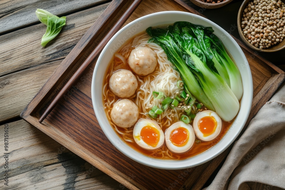 Top view of Japanese ramen spicy soup with fish balls green bak choy and brasied five spice duck eggs in white bowl on serving brown wooden tray , ai Top view of Japanese ramen spicy soup with fish balls green bak choy and brasied five spice duck eggs in white bowl on serving brown wooden tray , ai