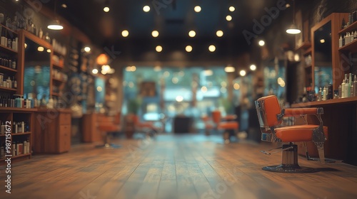 Cozy, vintage barbershop interior with warm lighting, wooden floors, vintage chairs, and a variety of grooming products on shelves.