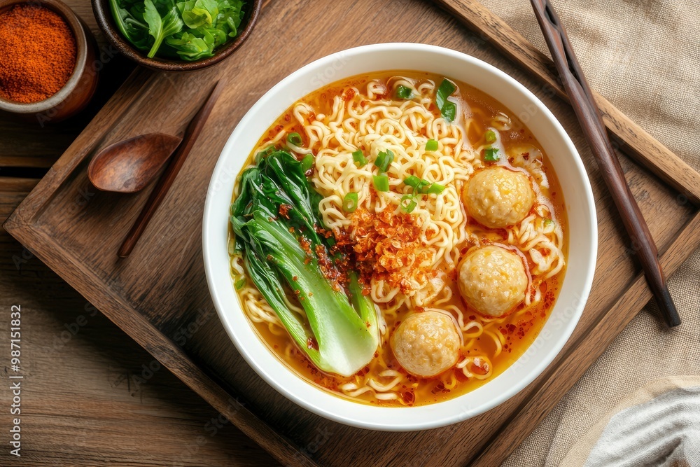 Top view of Japanese ramen spicy soup with fish balls green bak choy and brasied five spice duck eggs in white bowl on serving brown wooden tray , ai Top view of Japanese ramen spicy soup with fish balls green bak choy and brasied five spice duck eggs in white bowl on serving brown wooden tray , ai