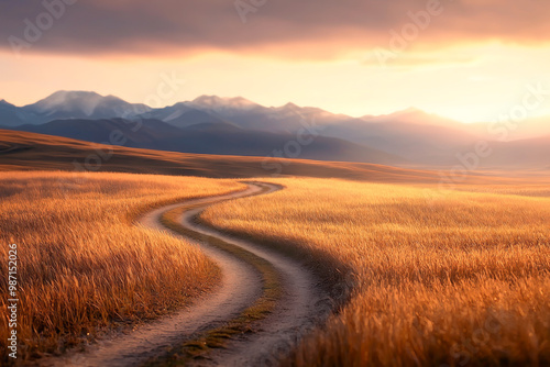 A winding path through golden fields leads to distant mountains under a vivid sunset sky, evoking tranquility and adventure.