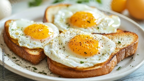 Delicious breakfast of sunny-side-up eggs on toasted bread, seasoned with herbs and black pepper, perfect for a hearty start to the day.