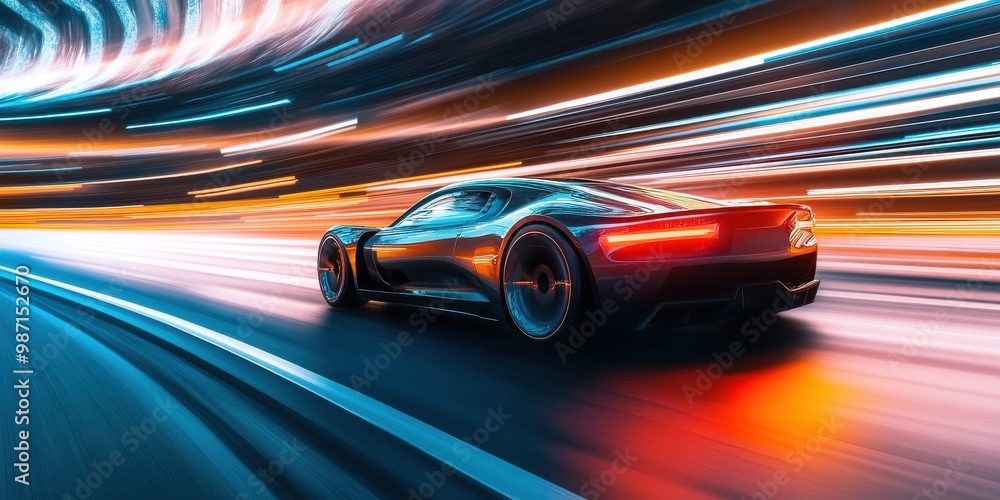 futuristic car speeding on a highway futuristic car speeding on a highway
