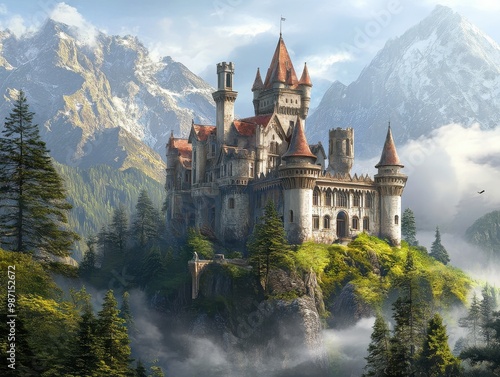 Wallpaper Mural Majestic castle nestled among lush green forests and towering snow-capped mountains under a cloudy sky, AI Generation Torontodigital.ca