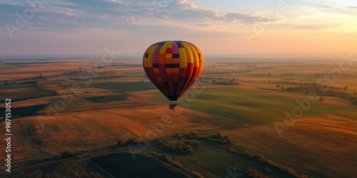 hot air balloon floating over fields 