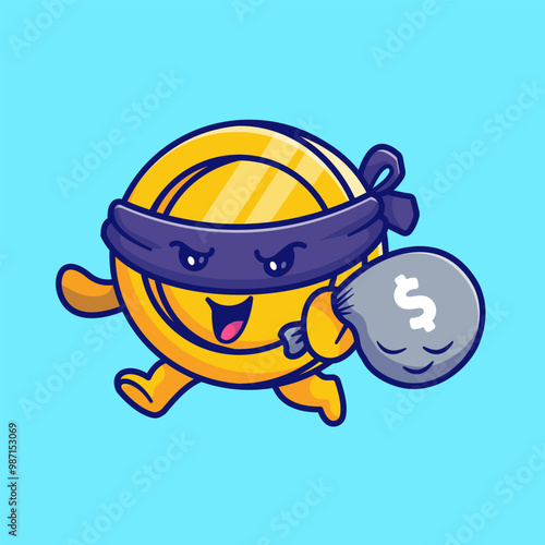 Cute Gold Coin Thief Bring Money Bag Cartoon Vector Icon
Illustration. Finance Object Icon Concept Isolated Premium 
Vector. Flat Cartoon Style