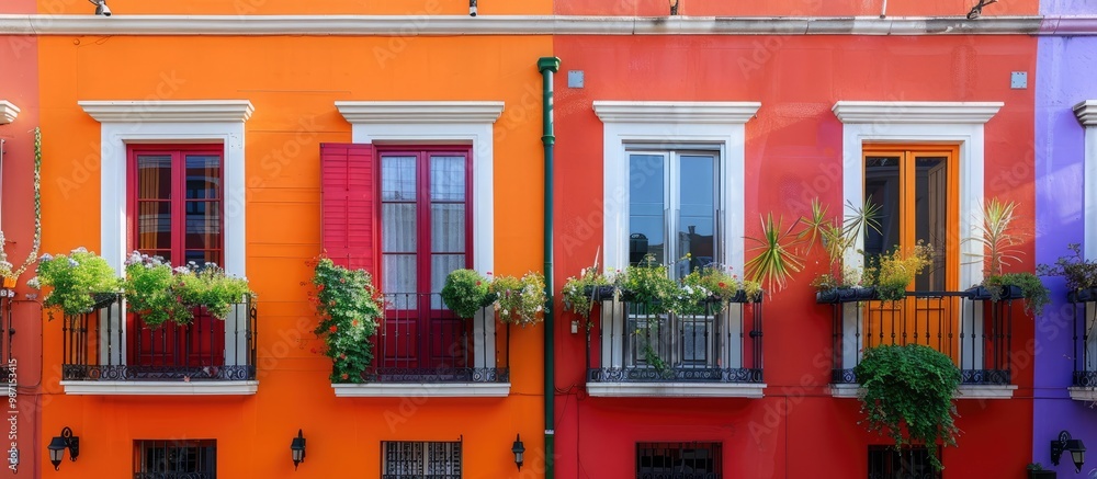 Fototapeta premium Vibrant Colorful Facade of Historic Mediterranean Buildings in City Town with Flowers and Greenery on Balconies and Windows