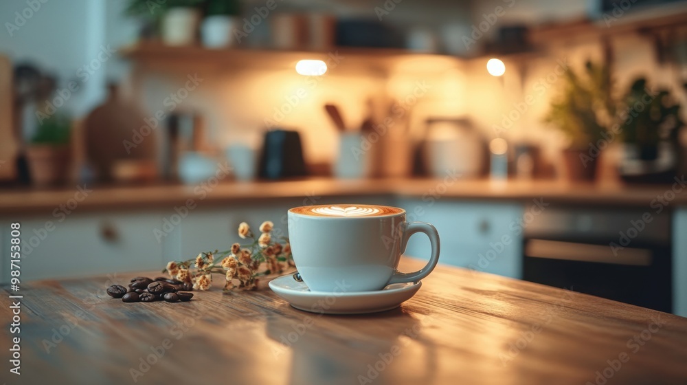 newly made coffee in a warm kitchen, morning theme banner with room for text