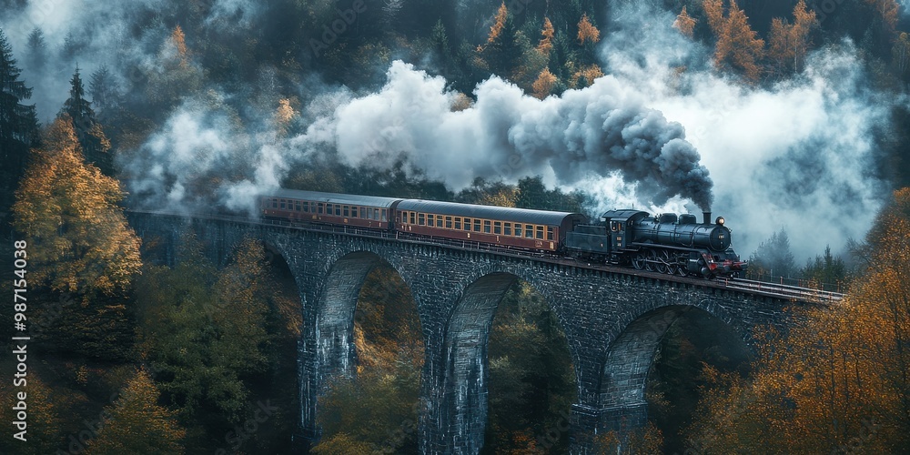Fototapeta premium steam train crossing a bridge