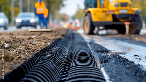 Crew Installing Drainage Pipes on Fresh Asphalt Road