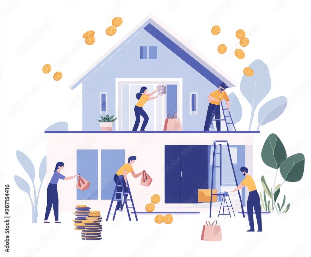 Fototapeta premium Home Exterior Revamp: Flat Illustration of People Working with Coins and Money Bags Afloat