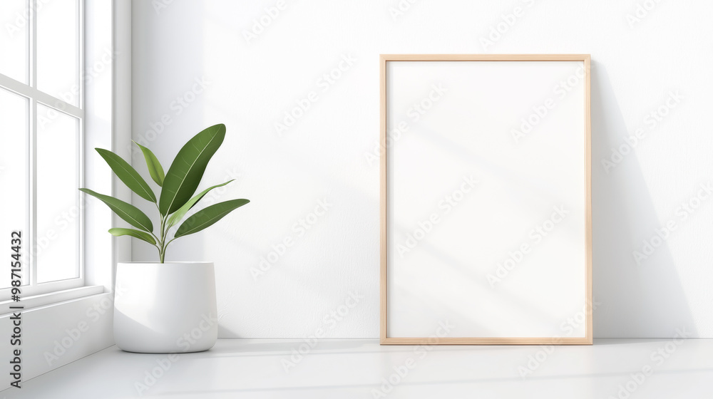 Bright interior featuring a blank frame and a green plant, perfect for minimalist and modern design concepts. Bright interior featuring a blank frame and a green plant, perfect for minimalist and modern design concepts.