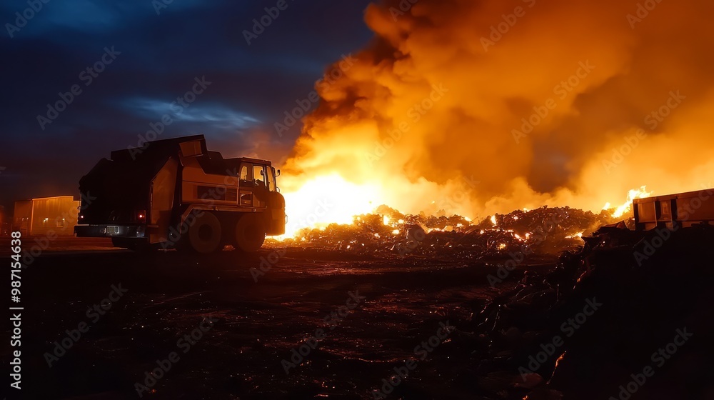 Fire truck battling a large, intense fire at night with flames and smoke rising into a dark sky. Fire truck battling a large, intense fire at night with flames and smoke rising into a dark sky.