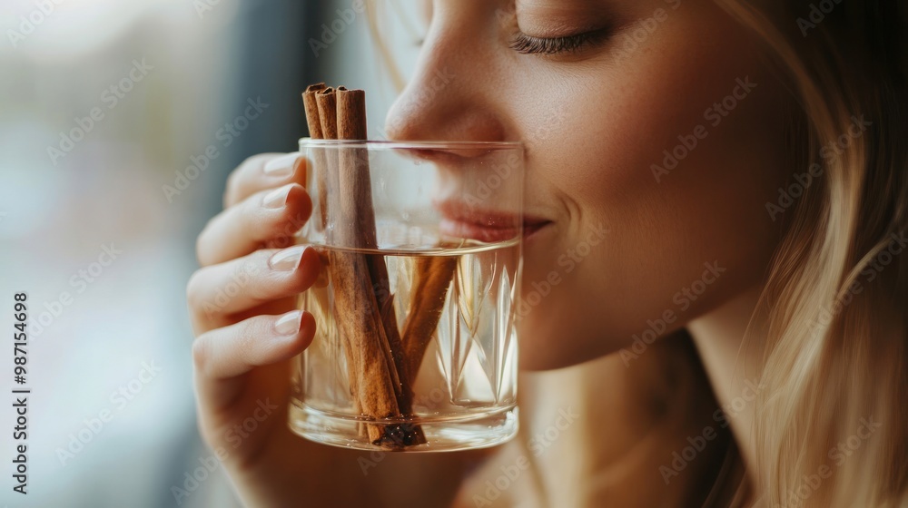 Woman enjoying a warm beverage with cinnamon sticks Woman enjoying a warm beverage with cinnamon sticks