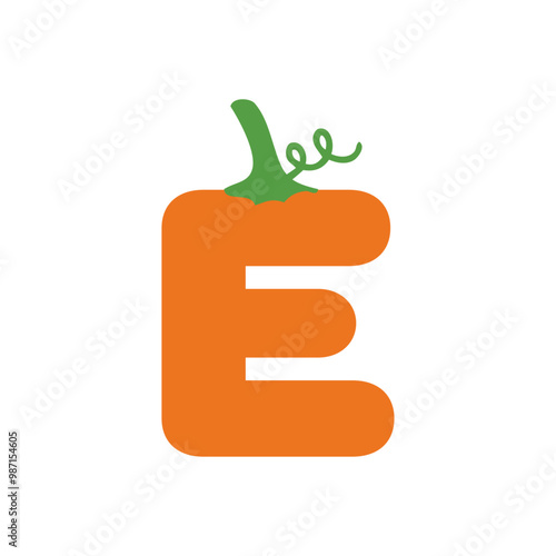 Logo con letra inicial E con forma de calabaza para tarjetas y felicitaciones de Halloween o del Día de Acción de Gracias