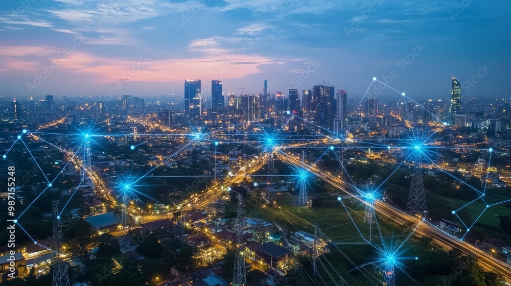 Fototapeta premium Futuristic cityscape with network connections, illustrating digital communication and technology integration in urban environments.