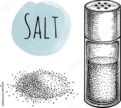 Salt shaker and pile of fine salt ink sketch.