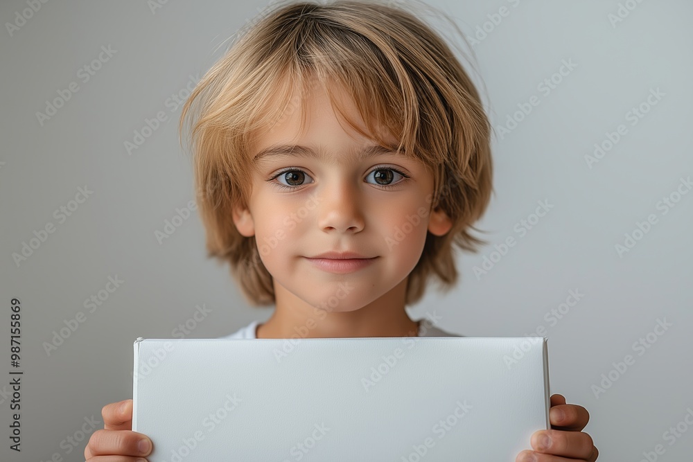 Young boy is holding a white sign. He is smiling. The boy is holding the sign with both hands. A cheerful 7-year-old boy holds a white box, studio lighting, white background Young boy is holding a white sign. He is smiling. The boy is holding the sign with both hands. A cheerful 7-year-old boy holds a white box, studio lighting, white background