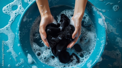 Hands holding black fabric in soapy water, laundry washing process in a blue basin close-up, cleaning, household chore concept. photo