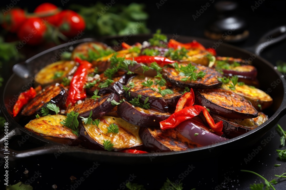 frying pan with fried zucchini, tomatoes, peppers, herbs and vegetables, delicious food frying pan with fried zucchini, tomatoes, peppers, herbs and vegetables, delicious food
