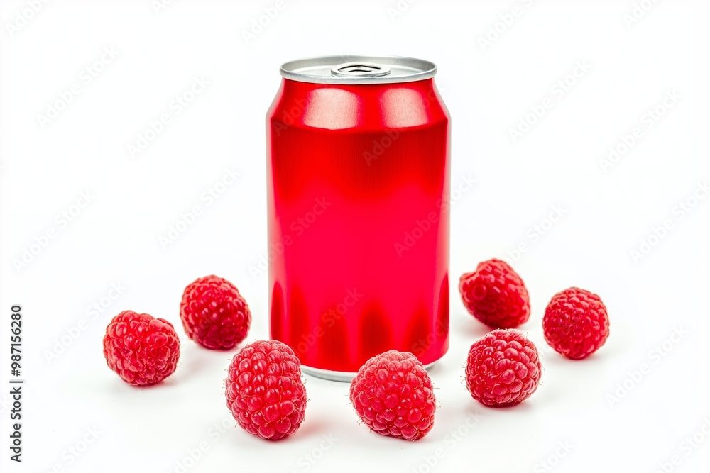 Can of red soda sits on a white surface with a bunch of red raspberries surrounding it. raspberries are spread out in various positions, a frontal photograph of a soda can surrounded by raspberries Can of red soda sits on a white surface with a bunch of red raspberries surrounding it. raspberries are spread out in various positions, a frontal photograph of a soda can surrounded by raspberries