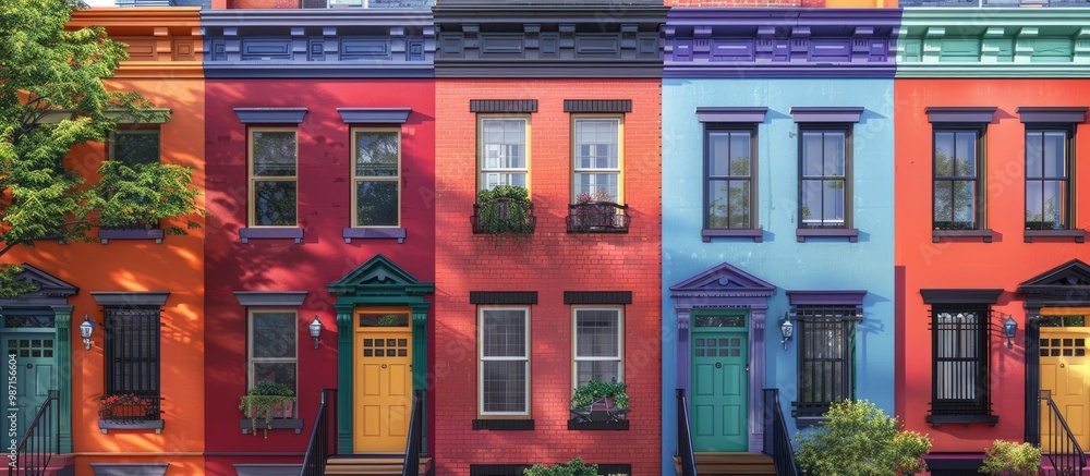 Naklejka premium Vibrant and Colorful Architectural Facade with Rows of Historic Townhouses Lining a Charming Urban Street in a Traditional Neighborhood