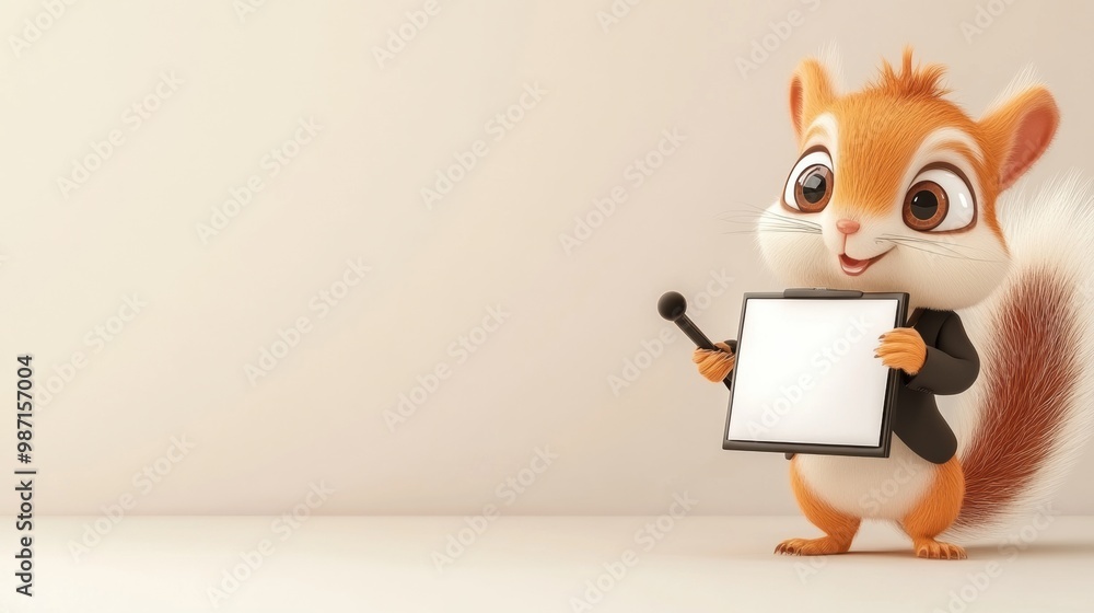 Obraz premium Adorable Cartoon Chipmunk Holding Digital Tablet with Cute Happy Laughing Expression