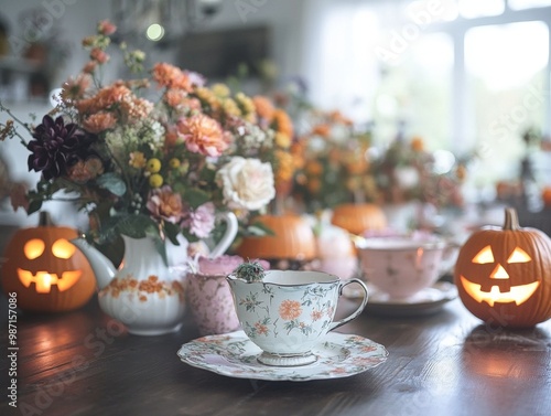 Gothic Halloween tea party with dark floral arrangements flickering jack-o-lanterns photo