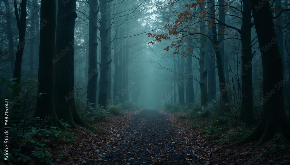 Obraz premium morning forest in the autumn season, beautiful nature, rainy weather, cloudy