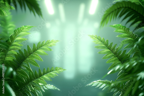 Lush green ferns frame a serene, illuminated background, creating a tranquil and refreshing atmosphere.