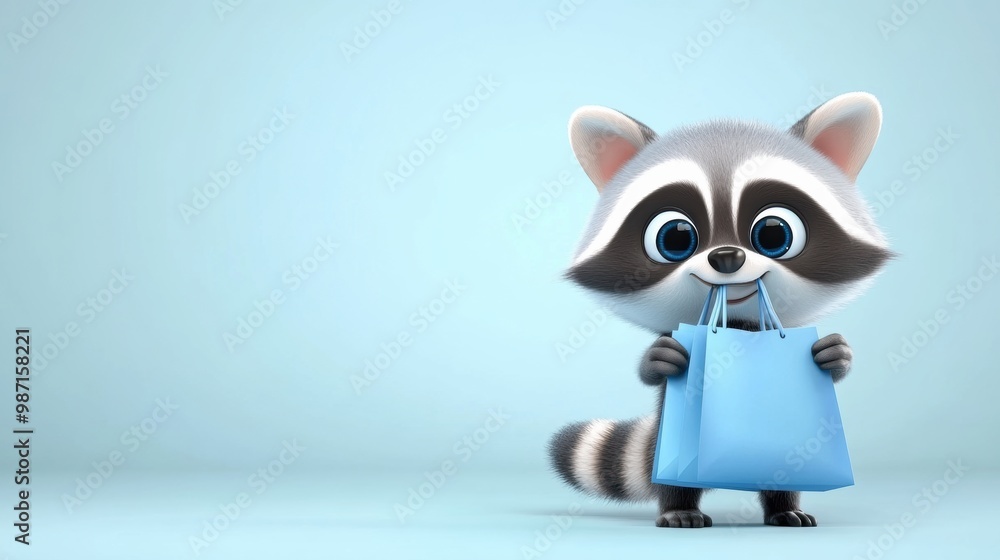Cute Cartoon Raccoon Character Holding a Blue Bag in Nature Setting Cute Cartoon Raccoon Character Holding a Blue Bag in Nature Setting