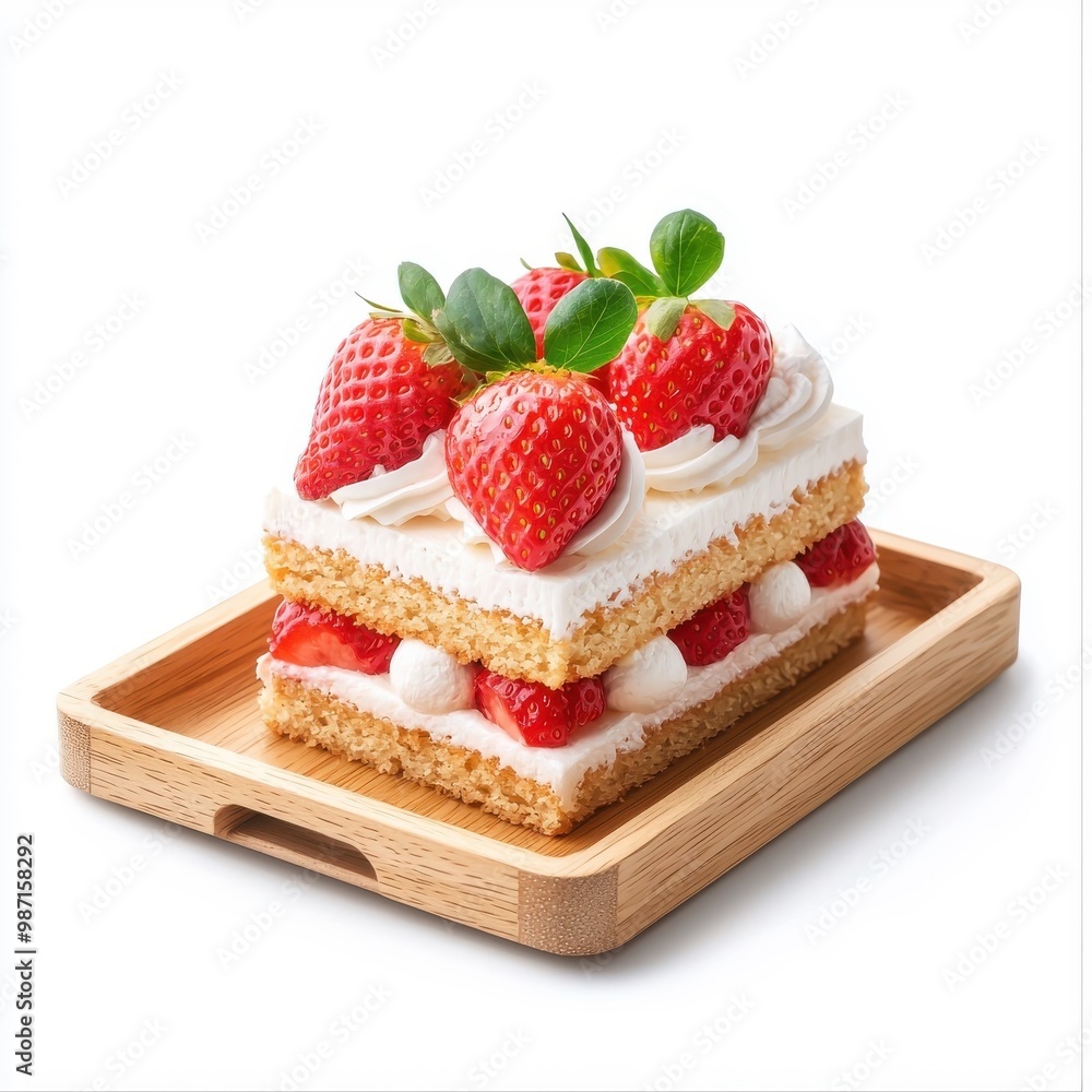 Strawberry cake on a wooden tray isolated on a white background, adding a rustic and inviting touch. Strawberry cake on a wooden tray isolated on a white background, adding a rustic and inviting touch.