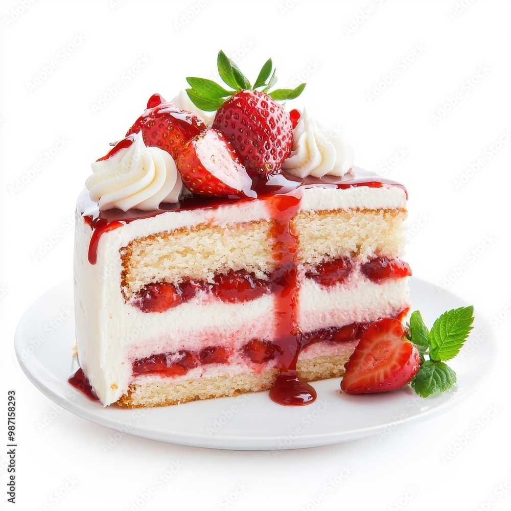 Strawberry cake with oozing sauce isolated on a white background, emphasizing indulgent features. Strawberry cake with oozing sauce isolated on a white background, emphasizing indulgent features.