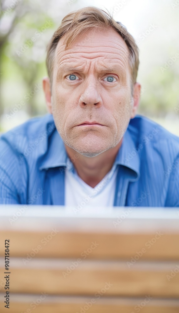 A man with an intense expression sitting outdoors at a park on a sunny day A man with an intense expression sitting outdoors at a park on a sunny day