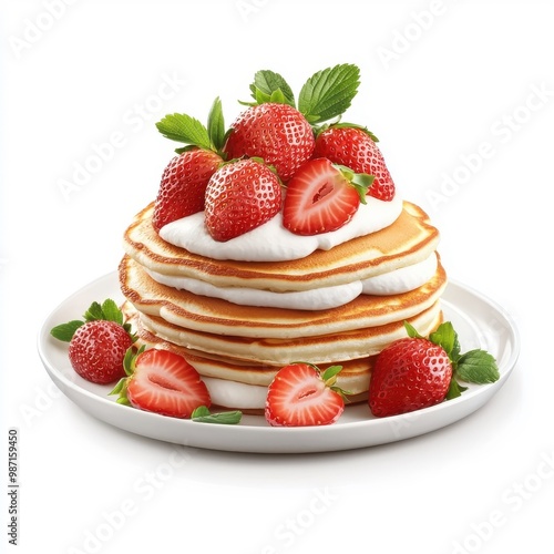 Strawberry pancakes isolated on a white background, showcasing their fresh berries and fluffy texture.