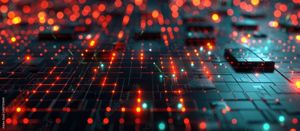 Obraz premium Vibrant abstract background showcasing a futuristic digital landscape with intricate glowing patterns geometric shapes and a sense of technological advancement and innovation Represents the power