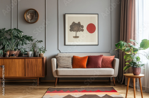 A mid-century modern living room with a sofa, sideboard, and colorful pillows. Scandinavian interior design of a minimalistic home entryway in warm gray color tones photo