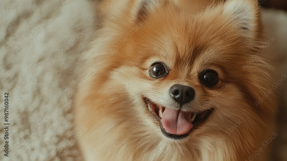 A close-up of a fluffy Pomeranian dog smiling widely, its tongue out and eyes sparkling with joy, standing on a cozy rug indoors, capturing a moment of pure happiness. A close-up of a fluffy Pomeranian dog smiling widely, its tongue out and eyes sparkling with joy, standing on a cozy rug indoors, capturing a moment of pure happiness.