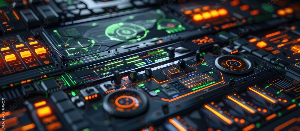 Mesmerizing close up view of an intricate technological landscape composed of diverse digital components circuits and lighting elements creating a futuristic and high tech aesthetic Mesmerizing close up view of an intricate technological landscape composed of diverse digital components circuits and lighting elements creating a futuristic and high tech aesthetic