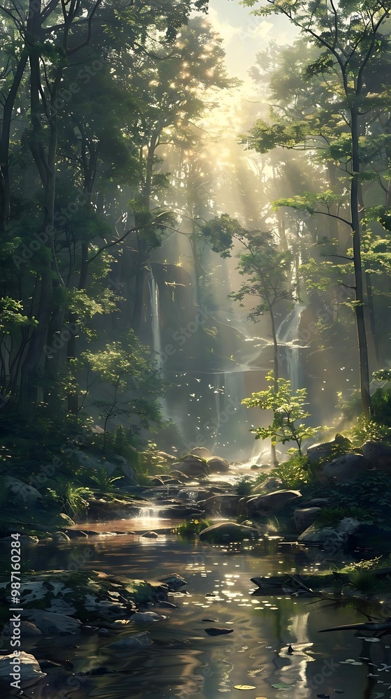 Obraz premium A serene forest scene with sunlight filtering through trees and a gentle stream.