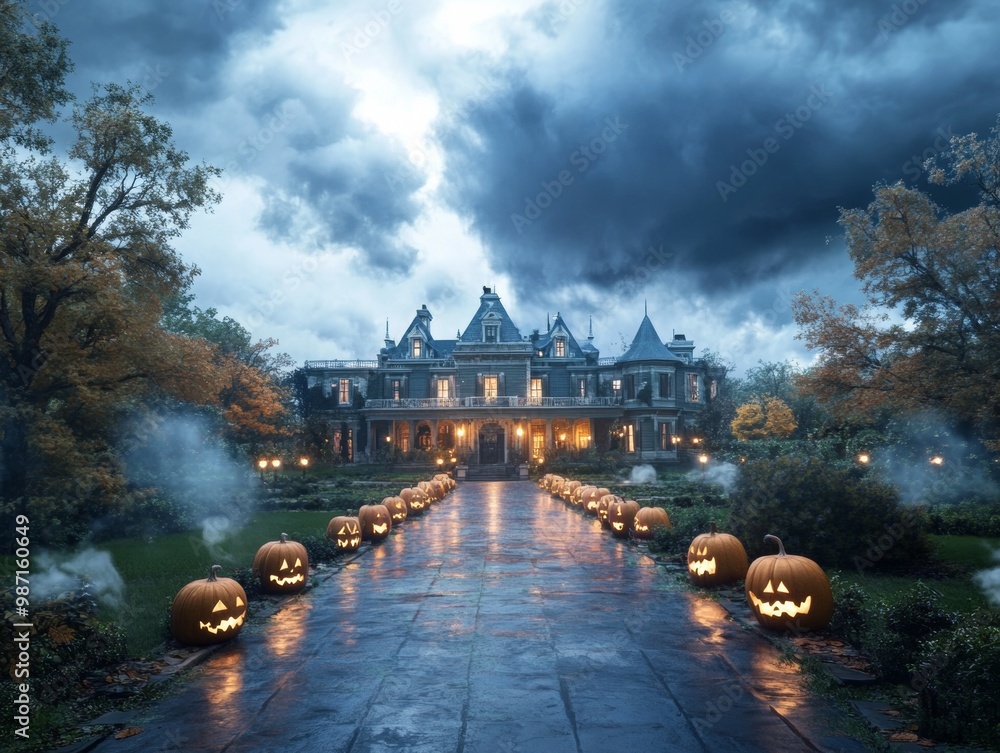Obraz premium Gothic haunted mansion with detailed jack o lantern carvings lining the pathway intricate cobwebs