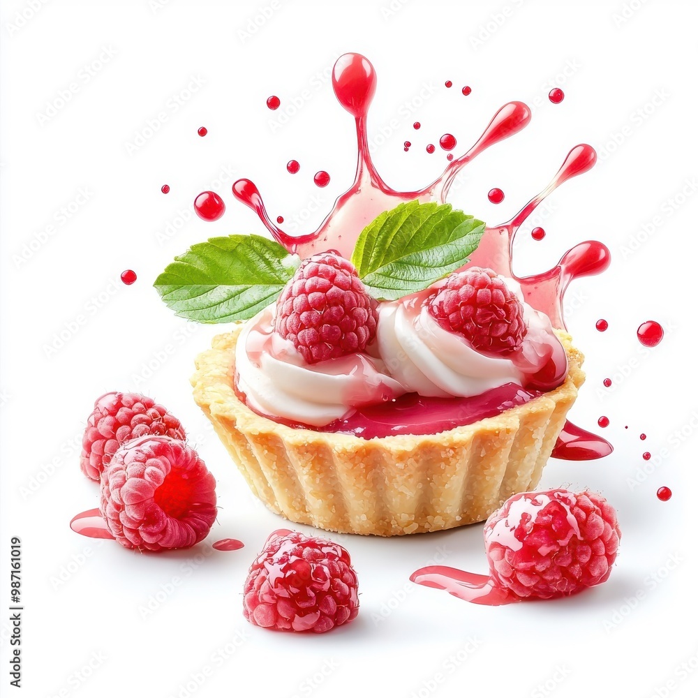 Raspberry tart with a circular sauce splash swirl, isolated on a white background, giving a modern artistic flair. Raspberry tart with a circular sauce splash swirl, isolated on a white background, giving a modern artistic flair.