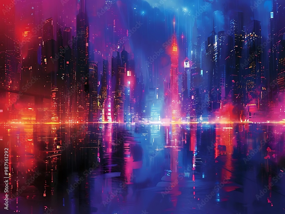 A vibrant, futuristic cityscape with colorful lights reflecting on water. A vibrant, futuristic cityscape with colorful lights reflecting on water.