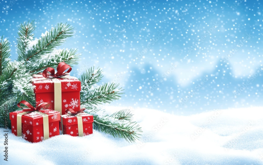 Stacked red Christmas presents with snowflake patterns, nestled in snow next to evergreen branches against a snowy blue sky. Stacked red Christmas presents with snowflake patterns, nestled in snow next to evergreen branches against a snowy blue sky.