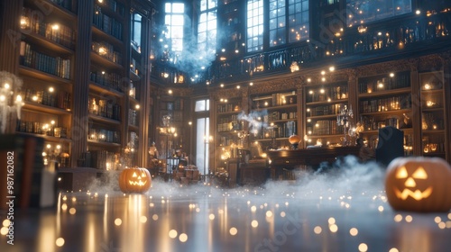 Halloween decorations featuring a creepy old library with glowing Jack o Lanterns dusty books photo